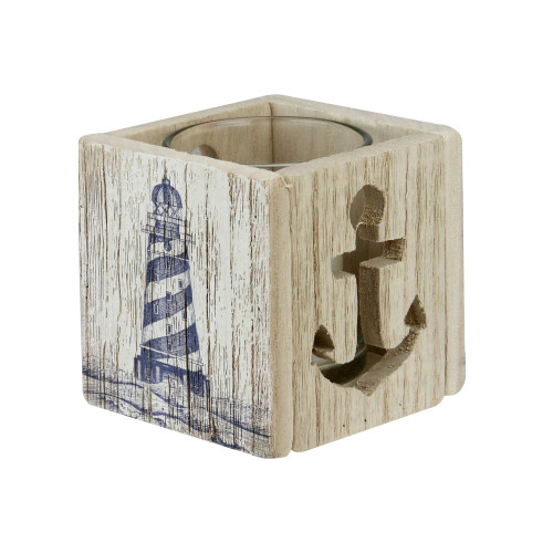 3.5" Square Nautical Themed Wooden Tea Light Candle Holder