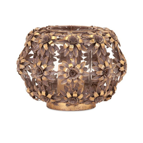 27.75" Distressed Gold 3 Dimensional Flower Globe Pillar Candle Lantern
