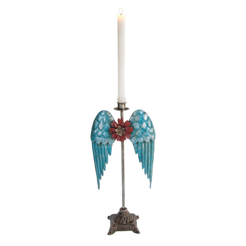 16" Blue, Read and Brown Distressed Metal Winged Flower Taper Candle Holder