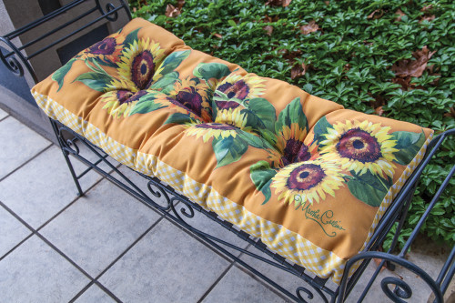 37" Yellow and White Sunflower Themed Indoor/Outdoor Tufted Bench Cushion