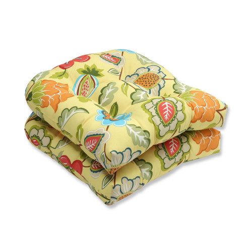 Set of 2 Yellow Floral UV/Fade Resistant Outdoor Patio Seat Cushion with Sewn Seam Closure 19"
