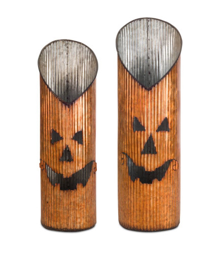 Set of 2 Brown Jack-O-Lantern Halloween Themed Candle Holder 10.5"