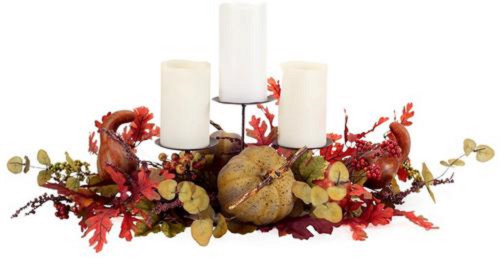 Set of 2 Artificial Fall Foliage with Gourds and Berries Decorative Triple Candle Center Pieces 26"