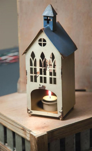 White and Blue Vintage Themed Church Candle Lantern 10.5"