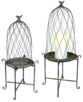 Set of 2 Weathered Birdcage Dome Elevated Iron Garden Lanterns on Stands
