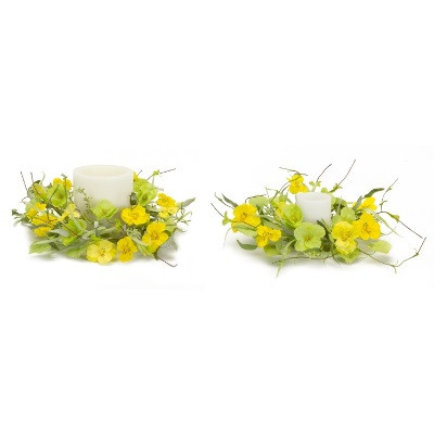 Pack of 4 Essence of Summer Artificial Pansy Yellow and Wild Grass Green Candle Rings 16"