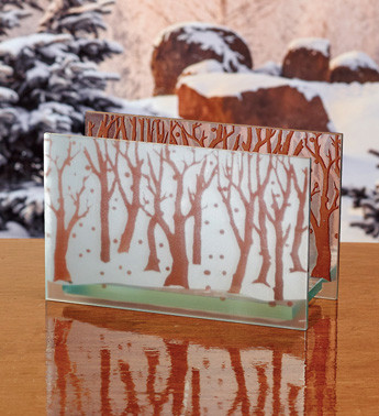 6.25" Frosted Glass Forest Design Christmas Tea Light Candle Holder