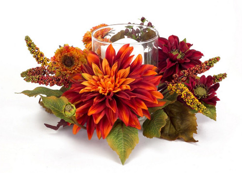 Pack of 2 Red and Burgundy Artificial Floral Dahlia Candle Ring Centerpieces 12"