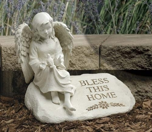 Bless This Home Heavenly Angel on Stone Garden Figure 9"