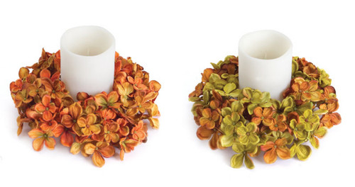 Pack of 6 Thanksgiving Fall Harvest Artificial Hydrangea Pillar Candle Rings 9"