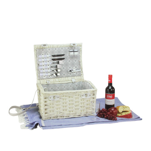 9.75" x 15.5" White Hand Woven Willow 2-Person Picnic Basket Set with Accessories