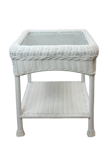 22" White Resin Wicker Outdoor Patio Side Table with Glass Top and Storage Shelf