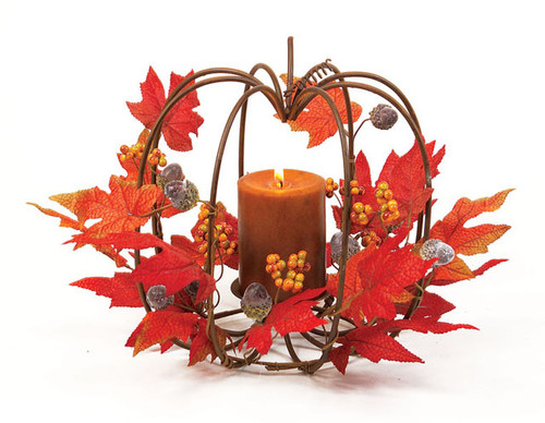 Pumpkin Shaped Autumn Pillar Candle Holder with Fall Leaves & Acorns 11.25"