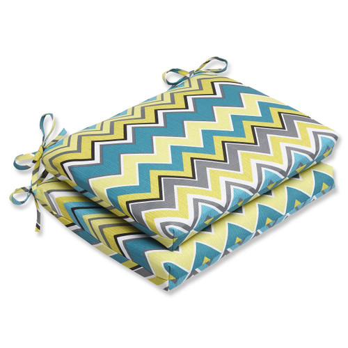Set of 2 Chevron Surtido Lime Green and Turquoise Blue Outdoor Patio Chair Cushions 18.5"
