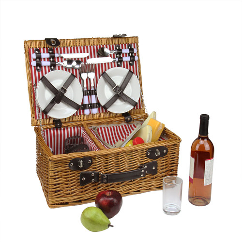 8" x 17.75" Honey Brown Hand Woven Willow Insulated 4-Person Picnic Basket Set with Accessories