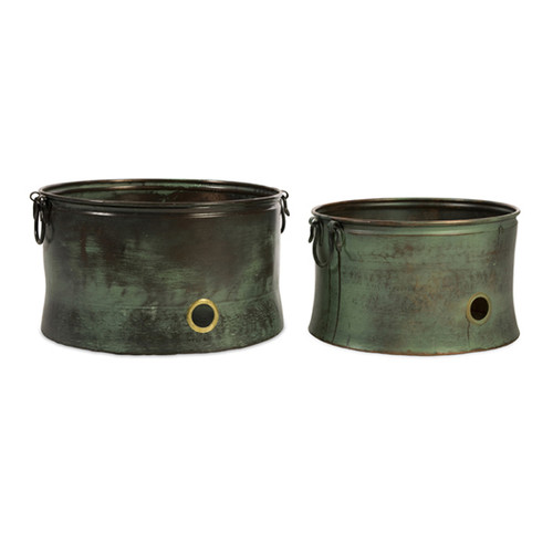 Set of 2 Black and Green Distress Finish Vintage Garden Hose Pots 20.5"