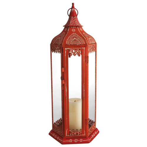 24" Brick Red Hand-Painted Henna Pillar Candle Holder Lantern