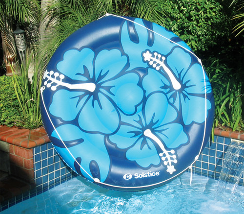 Inflatable Blue and White Hibiscus Print Circular Swimming Pool Lounger Float, 72-Inch