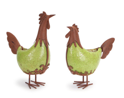 Club Pack of 4 Country Rustic Green and Rust Metal and Ceramic Hen and Rooster Planter 15"-18"