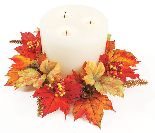 6 Fall Artificial Red & Gold Maple Leaf, Berry & Pine Cone Candle Rings 12"