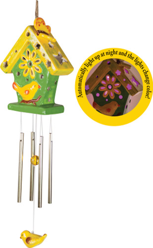 22" Birdhouse Ceramic Outdoor Patio Garden Wind Chime Solar Light