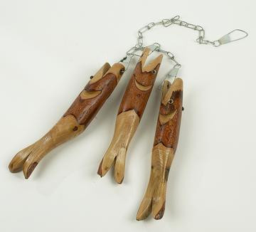 33" Natural Carved Sassafras Three Wooden Fish Decoration