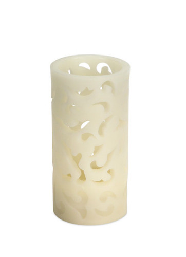 Pack of 6 Ivory White Battery-Operated LED Flameless Carved Scroll Pillar Candles 6"