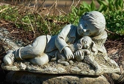 12.5" Joseph's Studio Sleeping Boy Snuggling with a Puppy Dog Outdoor Garden Statue