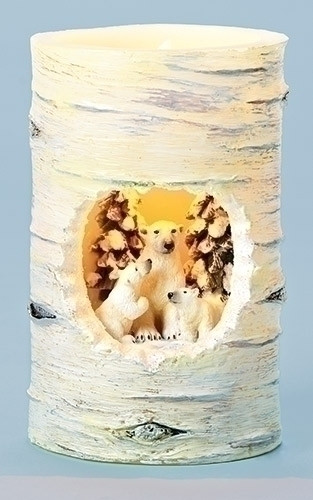 Polar Bear and Birchwood Look LED Lighted Decorative Pillar Candles 5"