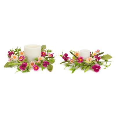 Pack of 4 Artificial Pink and Cream White Wild Flowers Decorative Candle Rings 13"