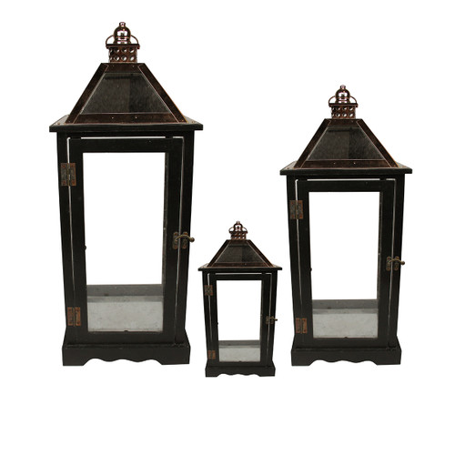 Set of 3 Luxurious Black Pine Wooden Lanterns with Copper Crests 31"