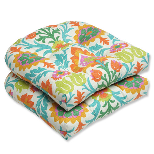 Set of 2 Sky Blue, Orange and Green Dream Garden Decorative Outdoor Patio Wicker Chair Seat Cushions 19"