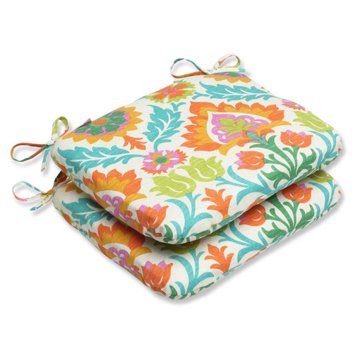 Set of 2 Sky Blue, Orange and Green Dream Garden Decorative Outdoor Patio Rounded Chair Cushions 18.5"