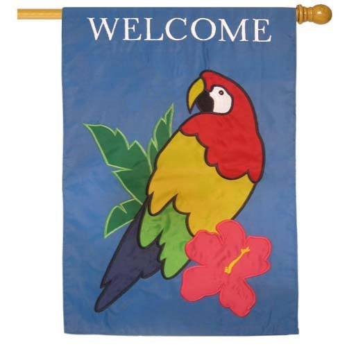 Welcome Tropical Parrot and Hibiscus Flower Outdoor Flag 44" x 28"