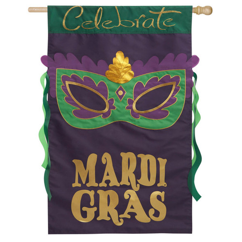 Festive "Celebrate Mardi Gras" Purple and Green Mask Outdoor Flag 43" x 29"