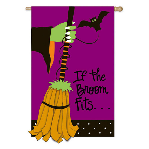 Playful Halloween Witch and Bat "If the Broom Fits" Purple Outdoor Flag 43" x 29"