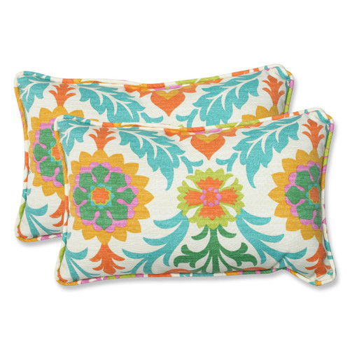 Set of 2 Sky Blue, Orange and Green Dream Garden Outdoor Corded Rectangular Decorative Throw Pillows 18.5"