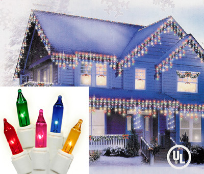 Set of 300 Heavy Duty Multi-Color Icicle Christmas Lights - White Wire