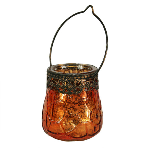 3.25" Distressed Bohemian Burnt Orange Glass Votive Candle Holder Lantern