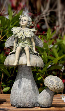 11.5" Fairy in Daisy Dress Sitting on a Mushroom Outdoor Patio Garden Figure
