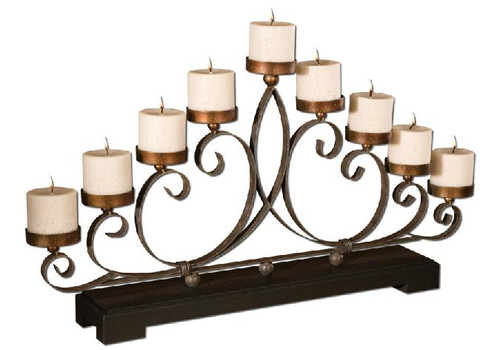 32" Oil Rubbed Bronze Scrolled Candelabra Candle Holder with Beige Candles