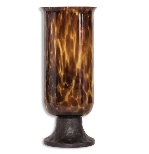 19" Antiqued Bronze and Tortoise Glass Hurricane Candle Holder with Candle
