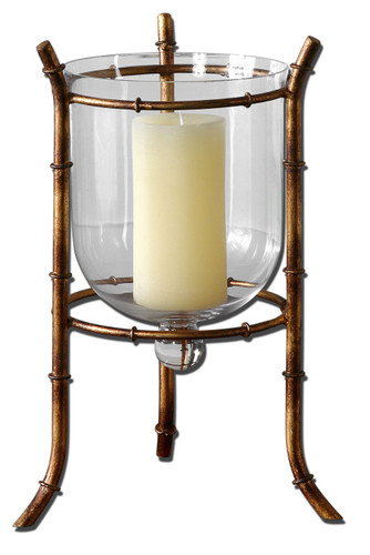 15" Antiqued Golden Bronze and Clear Glass Pillar Candle Holder with Candle