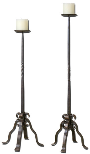 Set of 2 Statuesque Hand Forged Metal Aged Finish Pillar Candle Holders 33"