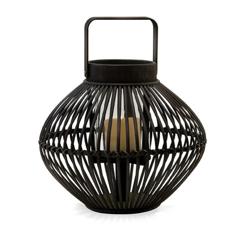 17" Chinese Lantern Style Bamboo Pillar Candle Holder with Hurricane Glass