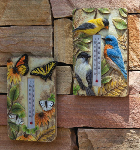Set of 2 Winged Impression Bird and Butterfly Outdoor Garden Thermometers 8.5"