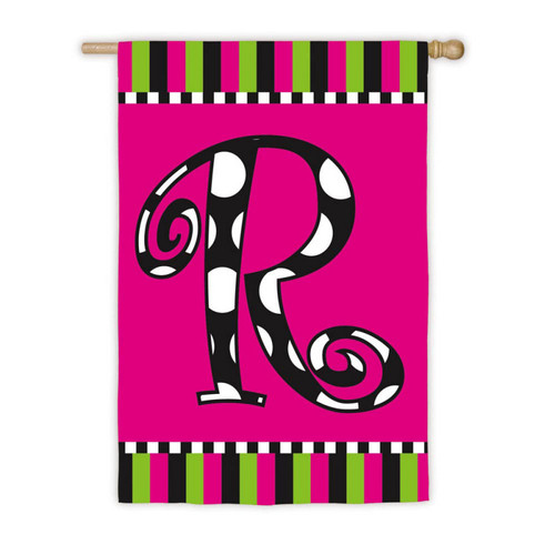 Twirly Curly Pink Polka Dots and Stripes Monogrammed "R" Outdoor Flag 43" x 28"