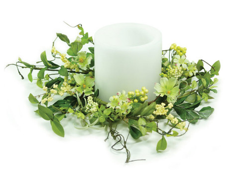 6 Green and White Floral Pillar Candle Ring Table Top Holiday Decorations 6.5"