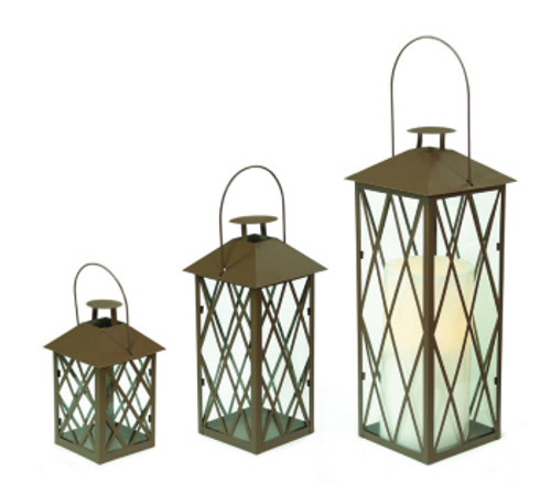 3 Rust Metal & Glass Lattice Work Pattern Pillar Candle Lanterns 10" - 21"