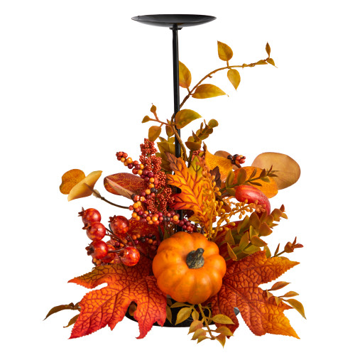 12" Artificial Maple Leave, Berries, and Pumpkin Fall Harvest Candle Holder
